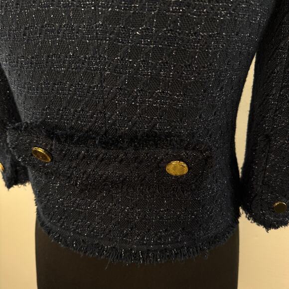 TORU BURCH Emma Navy Metallic Crop Jacket Tweed Fringe Trim Round Neck Size 0 - Picture 4 of 7